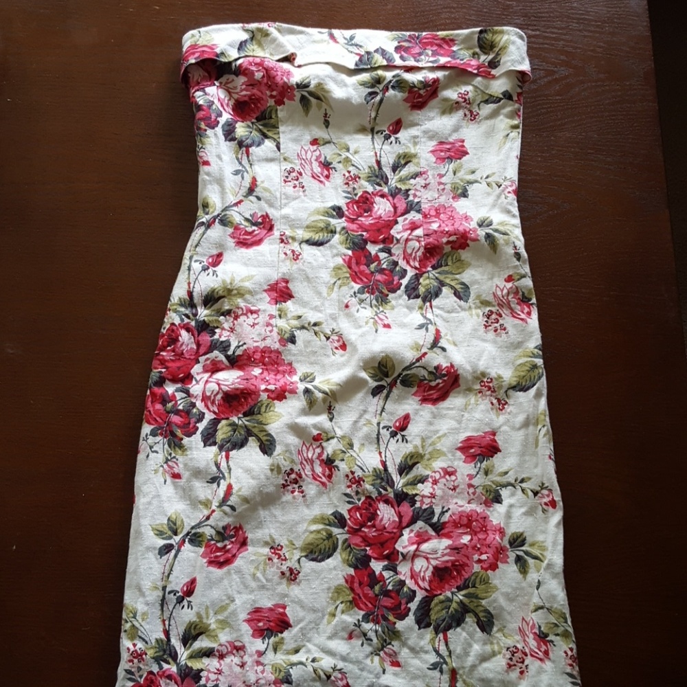 Floral Strapless White and Pink Rose Midi Dress